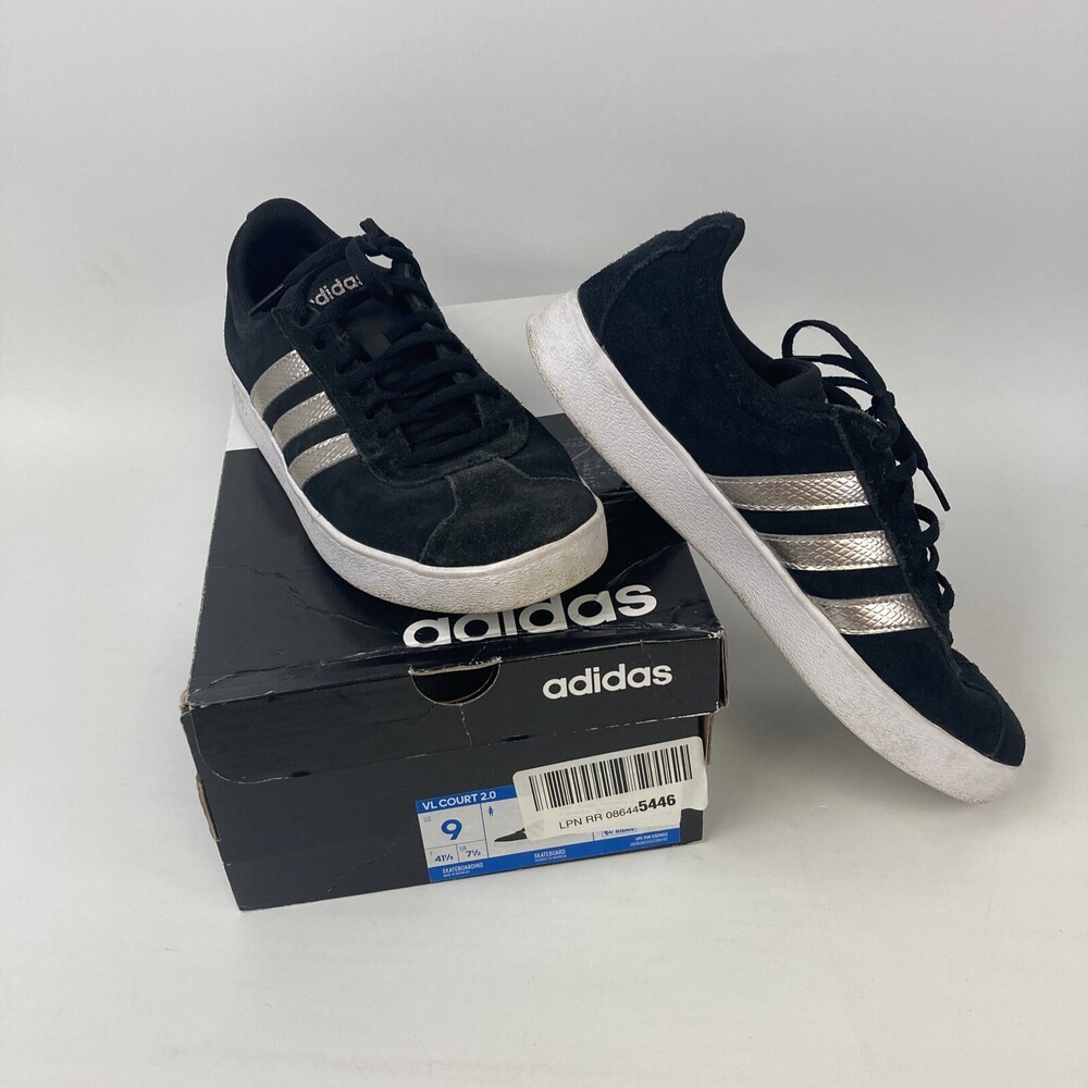 Adidas Womens 9 Sneaker VL Court 2.0 Black Suede Metallic Tennis Gym Skate Shoe